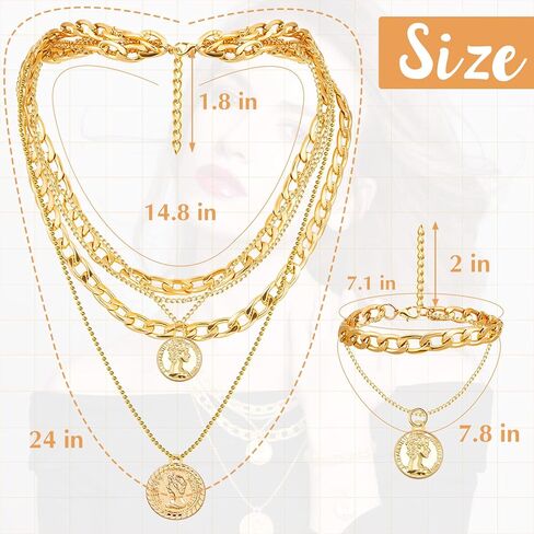 هينلي طقم عقد وسوار ذهبي مكتنز مكون من قطعتين للنساء، قلادات متعددة الطبقات بدلاية على شكل عملة رترو متعددة السلاسل قابلة للتعديل وسوار سلسلة ذهبية بتصميم بانك للمجوهرات وهدايا حفلات الهالوين, مادة in Kuwait