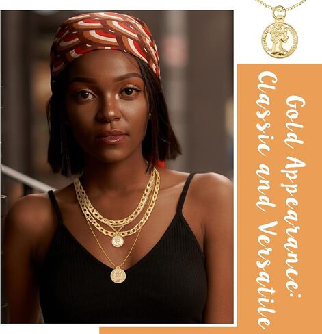 هينلي طقم عقد وسوار ذهبي مكتنز مكون من قطعتين للنساء، قلادات متعددة الطبقات بدلاية على شكل عملة رترو متعددة السلاسل قابلة للتعديل وسوار سلسلة ذهبية بتصميم بانك للمجوهرات وهدايا حفلات الهالوين, مادة in Kuwait