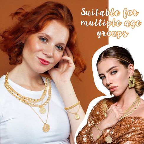 هينلي طقم عقد وسوار ذهبي مكتنز مكون من قطعتين للنساء، قلادات متعددة الطبقات بدلاية على شكل عملة رترو متعددة السلاسل قابلة للتعديل وسوار سلسلة ذهبية بتصميم بانك للمجوهرات وهدايا حفلات الهالوين, مادة in Kuwait