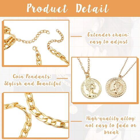 هينلي طقم عقد وسوار ذهبي مكتنز مكون من قطعتين للنساء، قلادات متعددة الطبقات بدلاية على شكل عملة رترو متعددة السلاسل قابلة للتعديل وسوار سلسلة ذهبية بتصميم بانك للمجوهرات وهدايا حفلات الهالوين, مادة in Kuwait