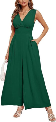 Vrtige Women's Casual Wrap V Neck Sleeveless Wide Leg Pants Jumpsuit Romper with Pockets in Saudi Arabia
