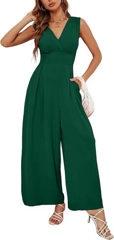 Vrtige Women's Casual Wrap V Neck Sleeveless Wide Leg Pants Jumpsuit Romper with Pockets in Saudi Arabia