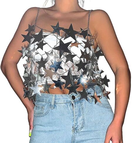 Aksod المرأة مثير نجمة انظر من خلال المحاصيل أعلى لامع الترتر الجوف خارج قميص بلا أكمام بيكيني الشاطئ نادي التستر أزياء الجسم سلسلة مجوهرات اكسسوارات للنساء والفتيات (أعلى الفضة) in Kuwait