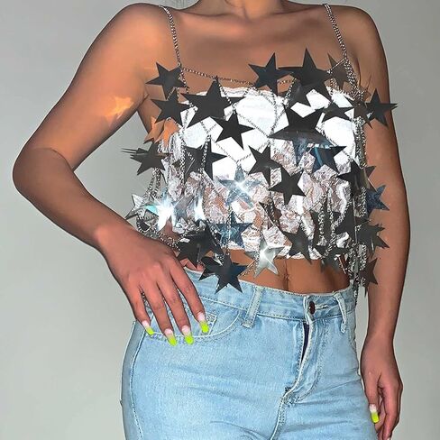 Aksod المرأة مثير نجمة انظر من خلال المحاصيل أعلى لامع الترتر الجوف خارج قميص بلا أكمام بيكيني الشاطئ نادي التستر أزياء الجسم سلسلة مجوهرات اكسسوارات للنساء والفتيات (أعلى الفضة) in Kuwait