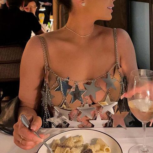 Aksod المرأة مثير نجمة انظر من خلال المحاصيل أعلى لامع الترتر الجوف خارج قميص بلا أكمام بيكيني الشاطئ نادي التستر أزياء الجسم سلسلة مجوهرات اكسسوارات للنساء والفتيات (أعلى الفضة) in Kuwait