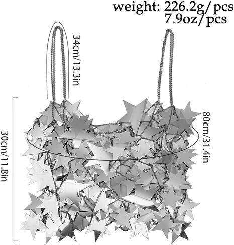 Aksod المرأة مثير نجمة انظر من خلال المحاصيل أعلى لامع الترتر الجوف خارج قميص بلا أكمام بيكيني الشاطئ نادي التستر أزياء الجسم سلسلة مجوهرات اكسسوارات للنساء والفتيات (أعلى الفضة) in Kuwait