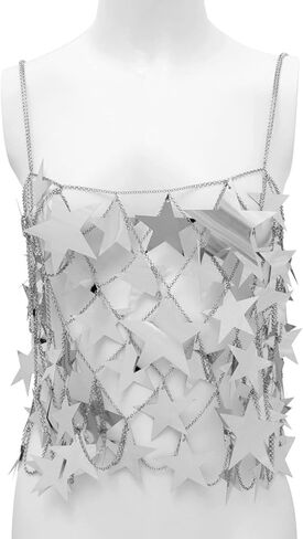 Aksod المرأة مثير نجمة انظر من خلال المحاصيل أعلى لامع الترتر الجوف خارج قميص بلا أكمام بيكيني الشاطئ نادي التستر أزياء الجسم سلسلة مجوهرات اكسسوارات للنساء والفتيات (أعلى الفضة) in Kuwait