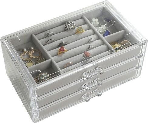 صناديق مجوهرات أكريليك للنساء مع 3 أدراج حامل منظم مجوهرات مخملي قابل للتكديس لحلق الإسورة وسوار وقلادة وحقيبة عرض هدية للبنات in Kuwait