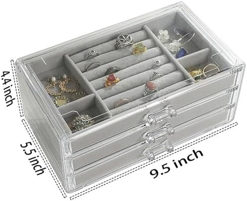 صناديق مجوهرات أكريليك للنساء مع 3 أدراج حامل منظم مجوهرات مخملي قابل للتكديس لحلق الإسورة وسوار وقلادة وحقيبة عرض هدية للبنات in Kuwait