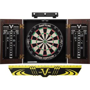 Viper Stadium Cabinet & Shot King Sisal/Bristle Dartboard Ready-to-Play Bundle with Two Sets of Steel-Tip Darts, Throw Line, and Dry Erase Scoreboards, Walnut Finish