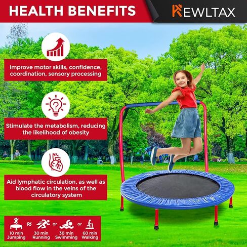 KEWLTAX Kids Trampoline Portable & Foldable 36 Inch Round Jumping Mat for Toddler Durable Steel Metal Construction Frame with Padded Frame Cover and Handle Bar in Kuwait