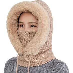 AkiiGer Womens Winter Hats, Warm Hooded Scarf Hat for Women, Fleece Beanie Hat with Drawstring, Balaclava Knit Skull Cap