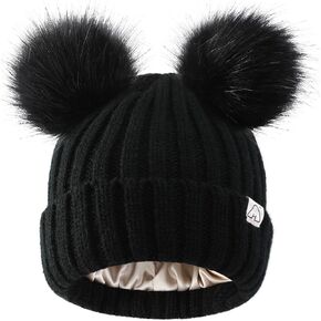 Hat Hut Winter Hats for Women Satin Lined Beanie Hats for Women Knit Ski Hat Winter Cap for Women Pom Pom Beanie in Kuwait