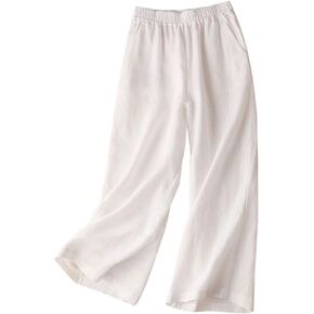 Aeneontrue Women's 100% Linen Wide Leg Pants Casual Loose High Waisted Flowy Palazzo Trousers with Pockets