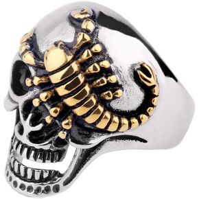 HIJONES Men's Stainless Steel Vintage Gold Scorpion Silver Skull Biker Ring Gothic Wedding Band