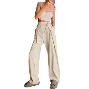 بنطال Palazzo نسائي كاجوال برباط جانبي عالي الخصر وواسع الساق مع جيوب من LYANER in Kuwait