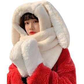 Women Cute Rabbit Ear Plush Beanie Cap Outdoor Fluffy Bunny Hat Scarf Set Indoor Warm Thick Fleece Animal Hoodie in Saudi Arabia