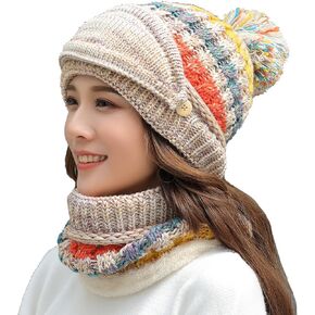 Ypser Women's Winter Warm Knitted Crochet Hat Fleece Lined Cable Faux Fur Pom Pom Beanie Hat Skull Cap
