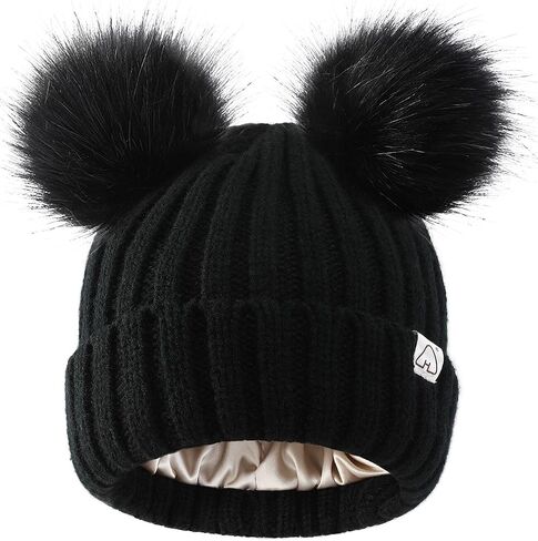 Hat Hut Winter Hats for Women Satin Lined Beanie Hats for Women Knit Ski Hat Winter Cap for Women Pom Pom Beanie in Kuwait
