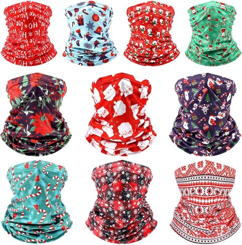 10 Pieces Christmas Neck Gaiter Balaclava Bandana Christmas Printed Santa Claus Face Covering Scarf, 6 Pieces Adult Winter Bandana and 4 Pieces Children Winter Bandana for Christmas in Saudi Arabia