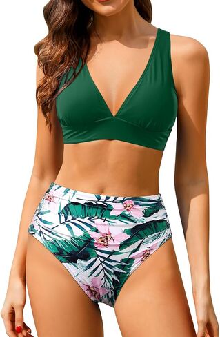 Yonique Womens' Two Piece Bathing Suit V Neck Triangle Bikini Top with High Waisted Swimsuit Bottom in Saudi Arabia