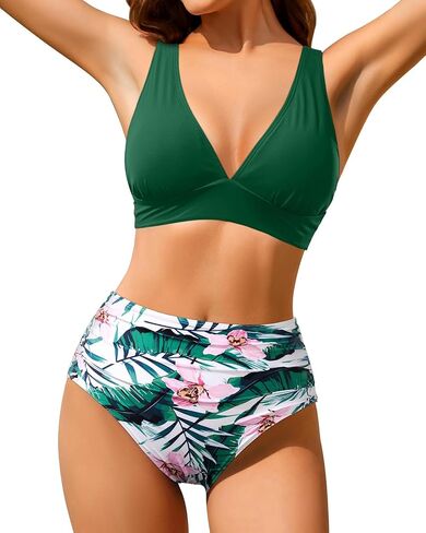 Yonique Womens' Two Piece Bathing Suit V Neck Triangle Bikini Top with High Waisted Swimsuit Bottom in Saudi Arabia