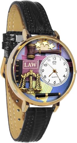 هدايا غريبة الأطوار المحامي القانوني شبه القاضي 3D ووتش | لمسة نهائية ذهبية أو فضية كبيرة | الجدة الممتعة الفريدة | مصنوع يدويًا في الولايات المتحدة الأمريكية | حزام الساعة من الجلد الأسود in Kuwait