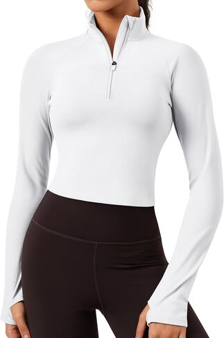 سترة AVGO النسائية القصيرة للتمرين بأكمام طويلة ونصف سحاب سترة رياضية مقاس نحيف سترات رياضية للجري في صالة الألعاب الرياضية in Kuwait