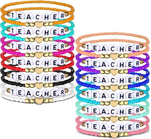 Loetere 24 Pcs Beaded Teacher Bracelet for Women Stackable Rainbow Teach Beaded Stretchy Bracelet Bulk Preppy Jewelry Back to School Teacher Appreciation Gifts in Saudi Arabia