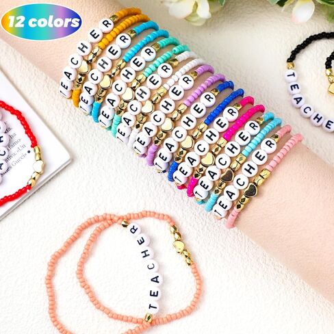 Loetere 24 Pcs Beaded Teacher Bracelet for Women Stackable Rainbow Teach Beaded Stretchy Bracelet Bulk Preppy Jewelry Back to School Teacher Appreciation Gifts in Saudi Arabia