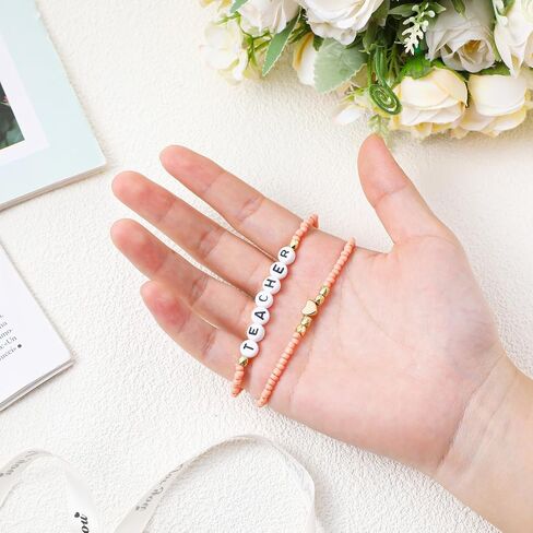 Loetere 24 Pcs Beaded Teacher Bracelet for Women Stackable Rainbow Teach Beaded Stretchy Bracelet Bulk Preppy Jewelry Back to School Teacher Appreciation Gifts in Saudi Arabia