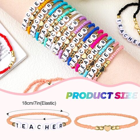Loetere 24 Pcs Beaded Teacher Bracelet for Women Stackable Rainbow Teach Beaded Stretchy Bracelet Bulk Preppy Jewelry Back to School Teacher Appreciation Gifts in Saudi Arabia