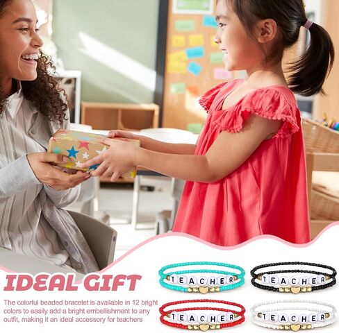 Loetere 24 Pcs Beaded Teacher Bracelet for Women Stackable Rainbow Teach Beaded Stretchy Bracelet Bulk Preppy Jewelry Back to School Teacher Appreciation Gifts in Saudi Arabia