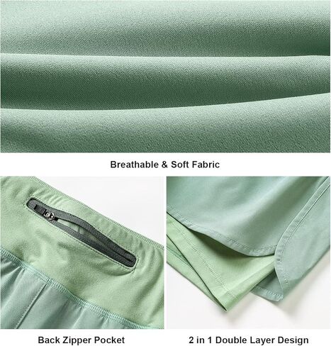 شورت رياضي لليوجا والتمارين الرياضية للنساء، شورت جري عالي الخصر سريع الجفاف مع جيوب بسحاب وبطانة 2 في 1، قطعتان in Kuwait