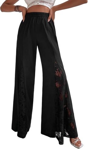 WDIRARA Women's Lace Wide Leg Palazzo Pants Elastic High Waisted Loose Trousers in Saudi Arabia