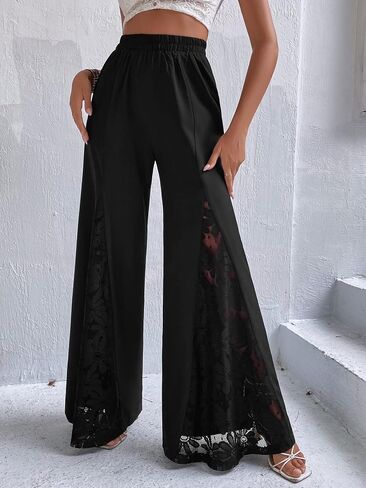 WDIRARA Women's Lace Wide Leg Palazzo Pants Elastic High Waisted Loose Trousers in Saudi Arabia