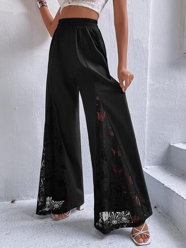 WDIRARA Women's Lace Wide Leg Palazzo Pants Elastic High Waisted Loose Trousers in Saudi Arabia