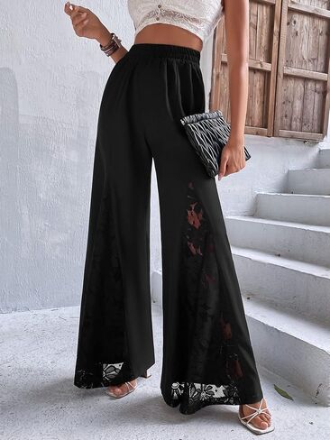 WDIRARA Women's Lace Wide Leg Palazzo Pants Elastic High Waisted Loose Trousers in Saudi Arabia