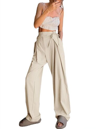 بنطال Palazzo نسائي كاجوال برباط جانبي عالي الخصر وواسع الساق مع جيوب من LYANER in Kuwait