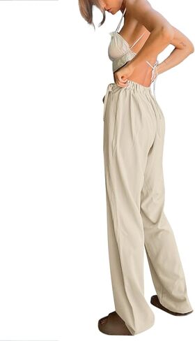 بنطال Palazzo نسائي كاجوال برباط جانبي عالي الخصر وواسع الساق مع جيوب من LYANER in Kuwait