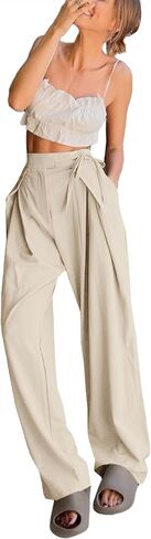 بنطال Palazzo نسائي كاجوال برباط جانبي عالي الخصر وواسع الساق مع جيوب من LYANER in Kuwait