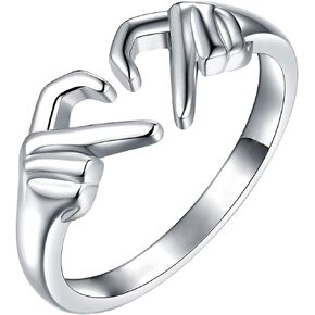 BODY16G CZCZ 925 Sterling Silver Rings Two Hands Hug Open Ring Ladies Men Wedding Rings for Women Girls Adjustable Romantic Love Hugging Hands Open Ring
