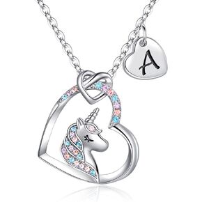 Unicorns Gifts for Girls Necklace, S925 Sterling Silver Unicorn Necklaces for Teen Girls Colorful CZ Heart Pendant Unicorn Necklace Initial Unicorn Necklace Jewelry Unicorn Gifts for Girls Women