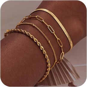 Picuzzy Gold Bracelets for Women, 14K Real Gold Stackable Waterproof Bracelet Jewelry Set for Women Trendy Dainty Cute Beaded Cuban Paperclip Snake Chain Herringbone Bracelet Pack Gifts for Women Girl