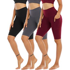 CHRLEISURE 3 Packs Biker Shorts with Pockets for Women, Tummy Control High Waist Spandex Shorts in Kuwait