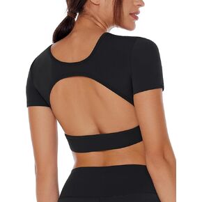 Women's Open Back Workout Crop Top Yoga Backless Built in Bra Cream Feeling Crew Neck Gym Fitness Short Sleeve T Shirts in Saudi Arabia