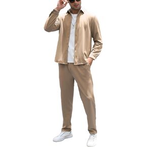 FZNHQL Men's Outfits 2 Piece Sets Casual Button Down Long Sleeve Shirts and Pant Sets Trendy Two-Piece Tracksuits