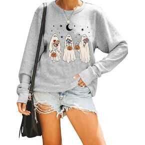 ALLTB Halloween Ghost Sweatshirt Women Funny Pumpkin Shirts Spooky Season Graphic Pullover Hocus Pocus Long Sleeve Tops