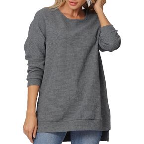 Vodikar المرأة المتضخم الهراء متماسكة Crewneck بلوزات طويلة الأكمام الجانب الشقوق عارضة البلوز البلوز قمم in Kuwait