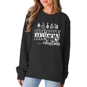 BOUTIKOME Christmas Tree Sweatshirts for Women Merry Christmas Crewneck Letter Graphic Pullover Shirts Oversized Tops